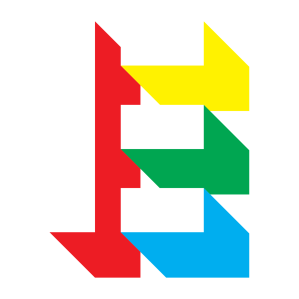 A logo made up of the 'E' from the Hello, I'm Ellie logo. It has a white background, and each element has a dropdown shadow, the vertical element on the left has a red shadow, the top horizontal has a yellow shadow, the middle one green and the bottom one blue. The 'E' itself is transparent/white.
